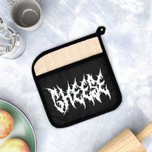 Load image into Gallery viewer, Cheese Metalhead Gift, Blackmetal font, Metalhead Humor Pot Holder with Pocket