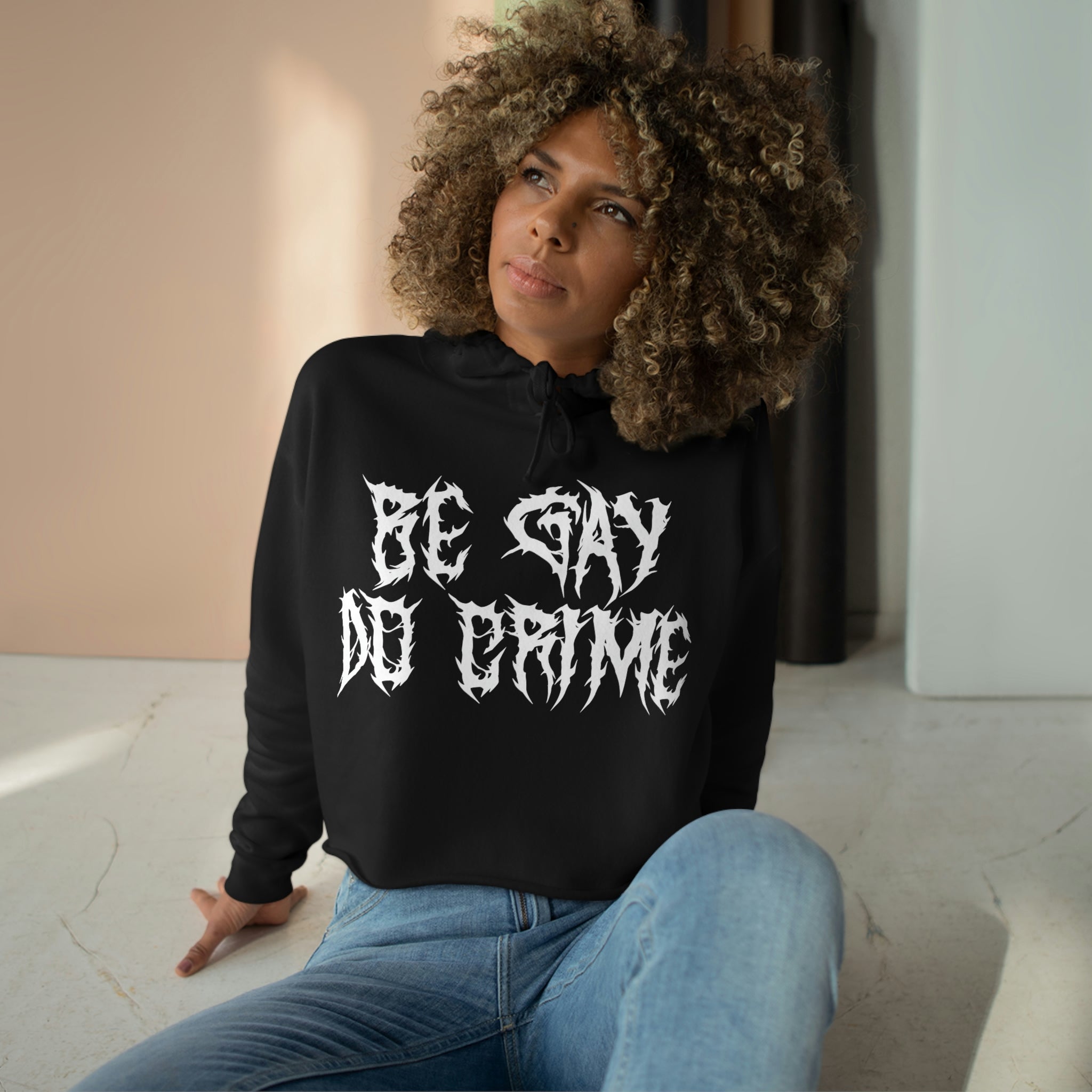 Be Gay Do Crime Death Metal Font Crop Hoodie – Red Moon Creative Co.